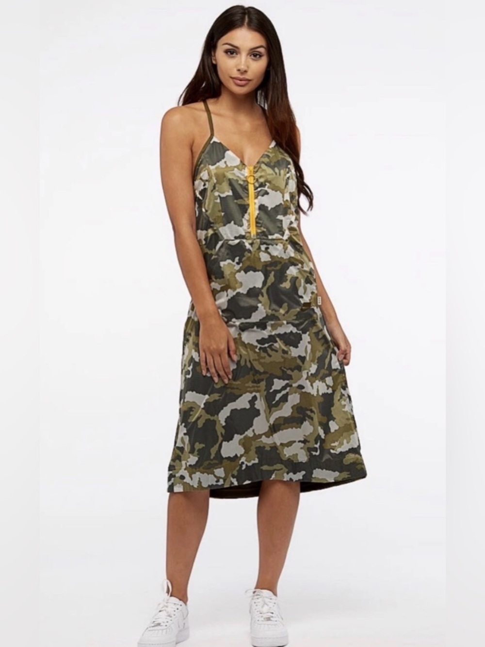 Nike NSW Camo Woven Strappy Midi Dress Medium Olive Gorpcore Streetwear